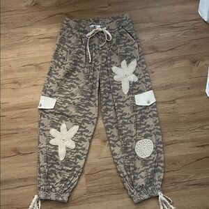 Camouflage Pants with Floral Patches